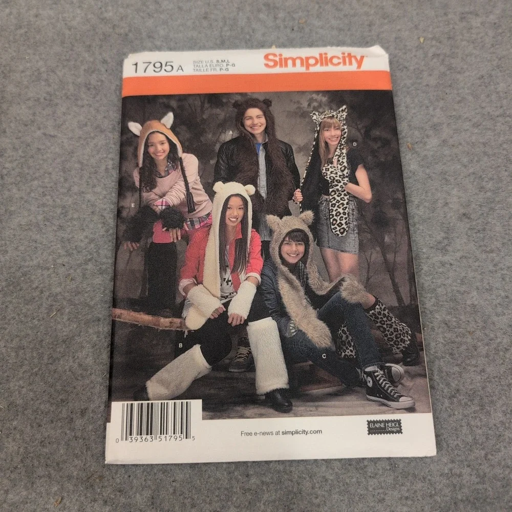 Simplicity 1795 Animal Hats Leg Arm Warmers Sewing Pattern Mens Womens Teens SML - Picture 1 of 2